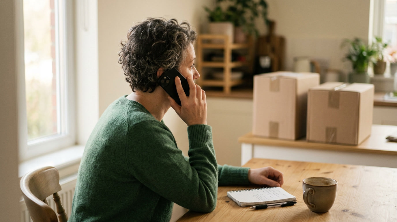Webshop-eigenaar in gesprek aan de keukentafel, met pakketdozen op de achtergrond