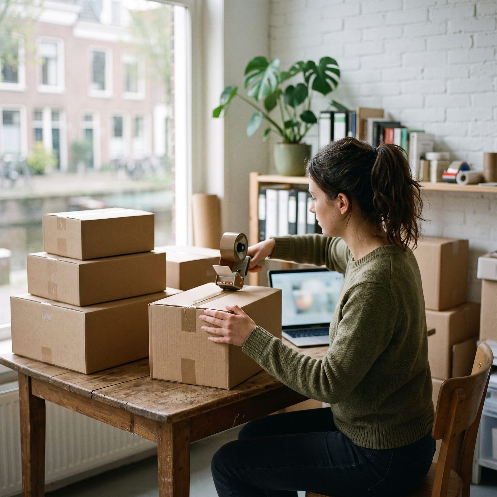 Webshop-eigenaar plakt verhuisdozen dicht naast een geopende laptop