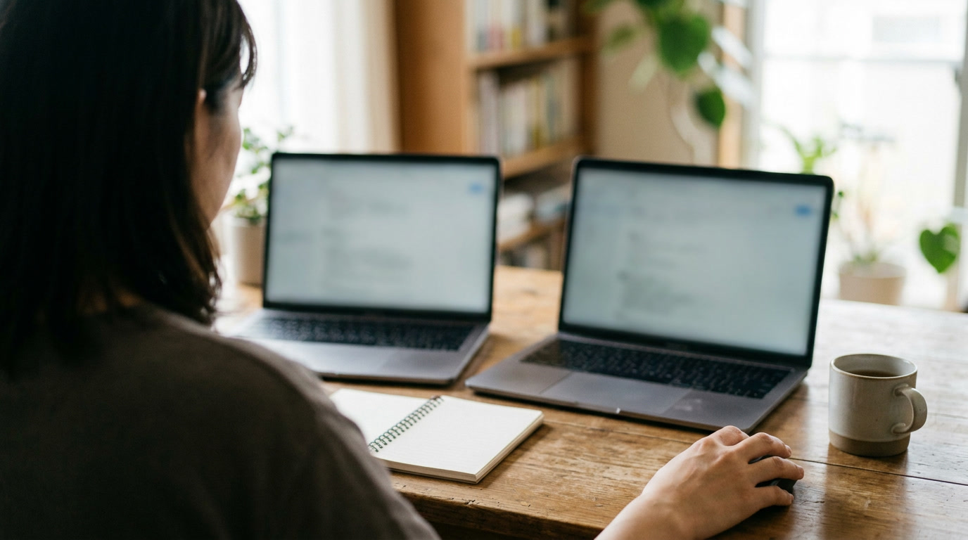 Twee laptops naast elkaar: de testshop draait naast de huidige webshop